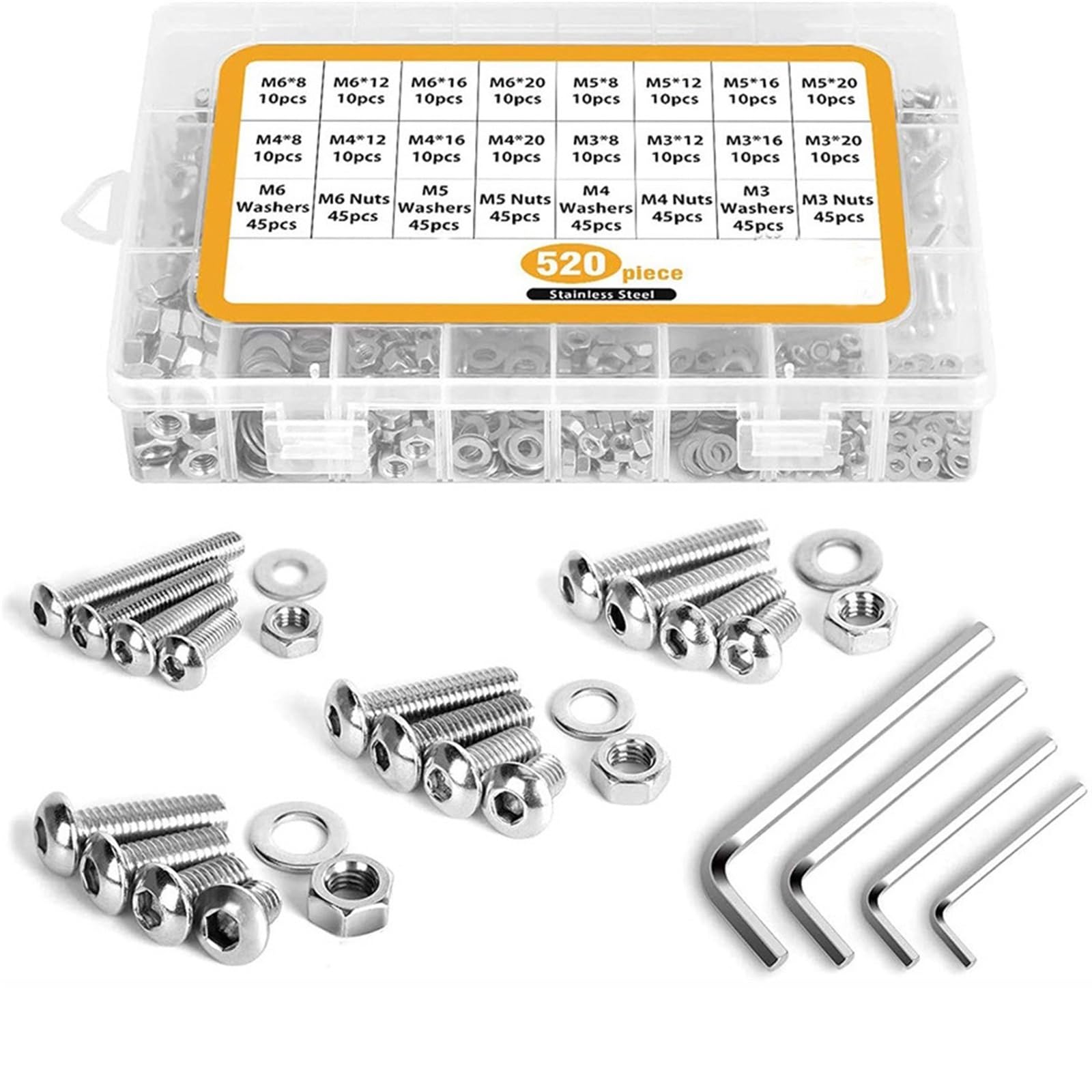 520PCS M3 M4 M5 M6 Viti a testa esagonale in acciaio inossidabile Bulloni Dadi e rondelle Assortimento Kit con custodia piatta Scatola 520PCS M3 M4 M5 M6 Viti a testa esagonale in acciaio inossidabile Bulloni Dadi e rondelle Assortimento Kit con custodia piatta Scatola