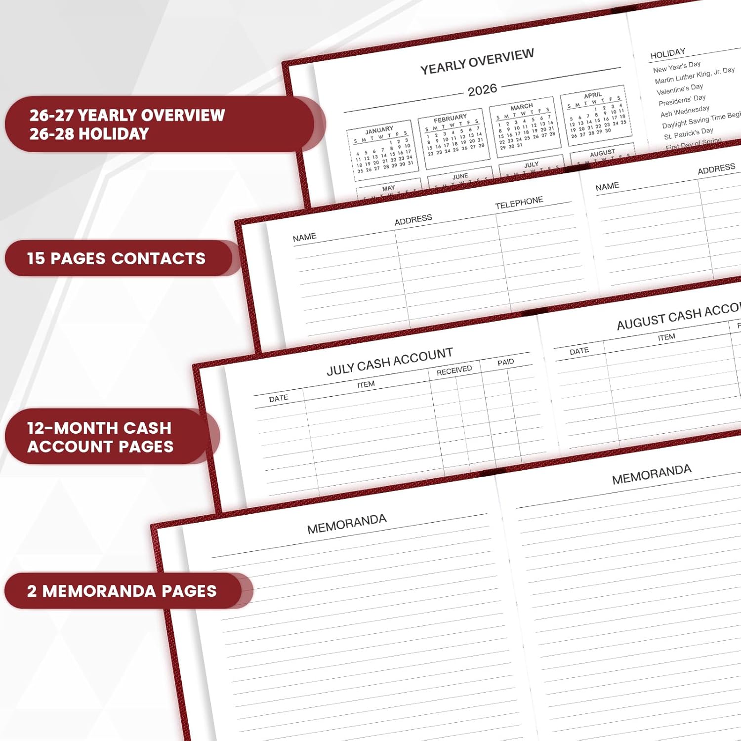 2026-2027 Diary - Diary Full Page Per Day, Daily Planner 2026-2027, Jul. 2026 - Jun. 2027, 5.8" x 8.4", Agenda for 365 Days - Hardcover Red