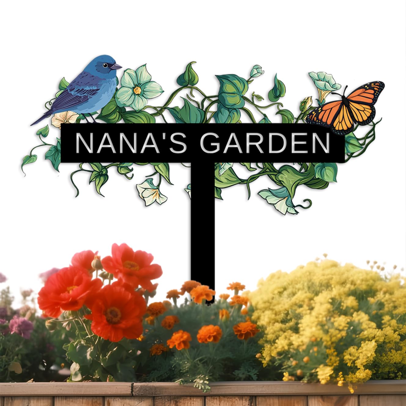 Met5kdm Style-4 Personalised Garden Sign,Custom Metal Colorful Bird And Flowers Yard Stake For Outside,Customized Name Sign,Gifts For Gardeners