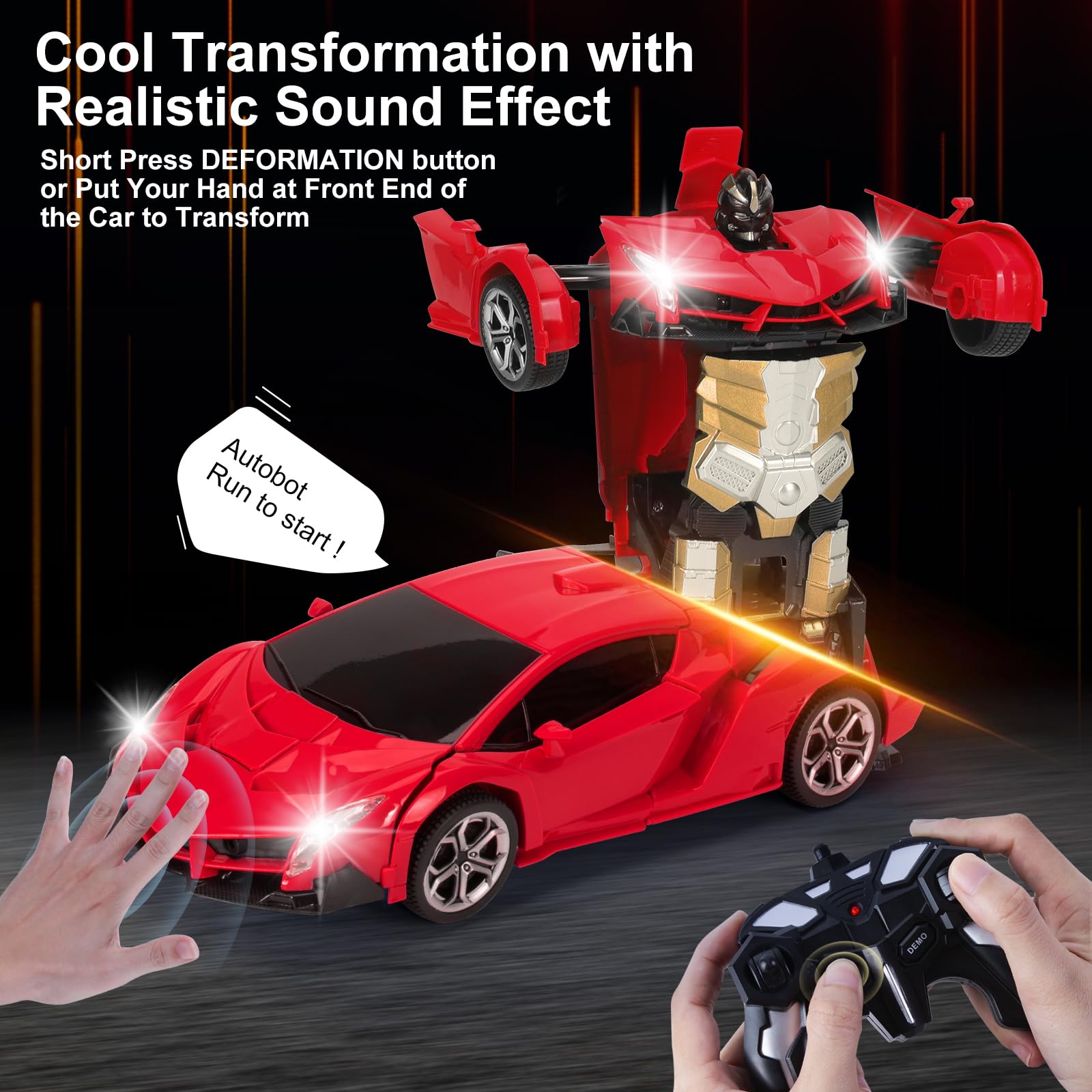Yellcetoy Transform Macchina Telecomandata Giocattoli, Auto Robot con Gesti della Mano Sening Luce lampeggiante Musica ed Effetto Sonoro, 2,4G RC Cars con Batterie Regalo per Bambini 3-10 Anni Rosso
