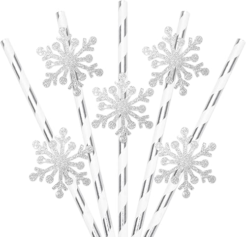 AnyDesign - 50 popotes de papel de invierno desechables a rayas blancas y plateadas con copos de nieve con purpurina para Navidad, vacaciones,