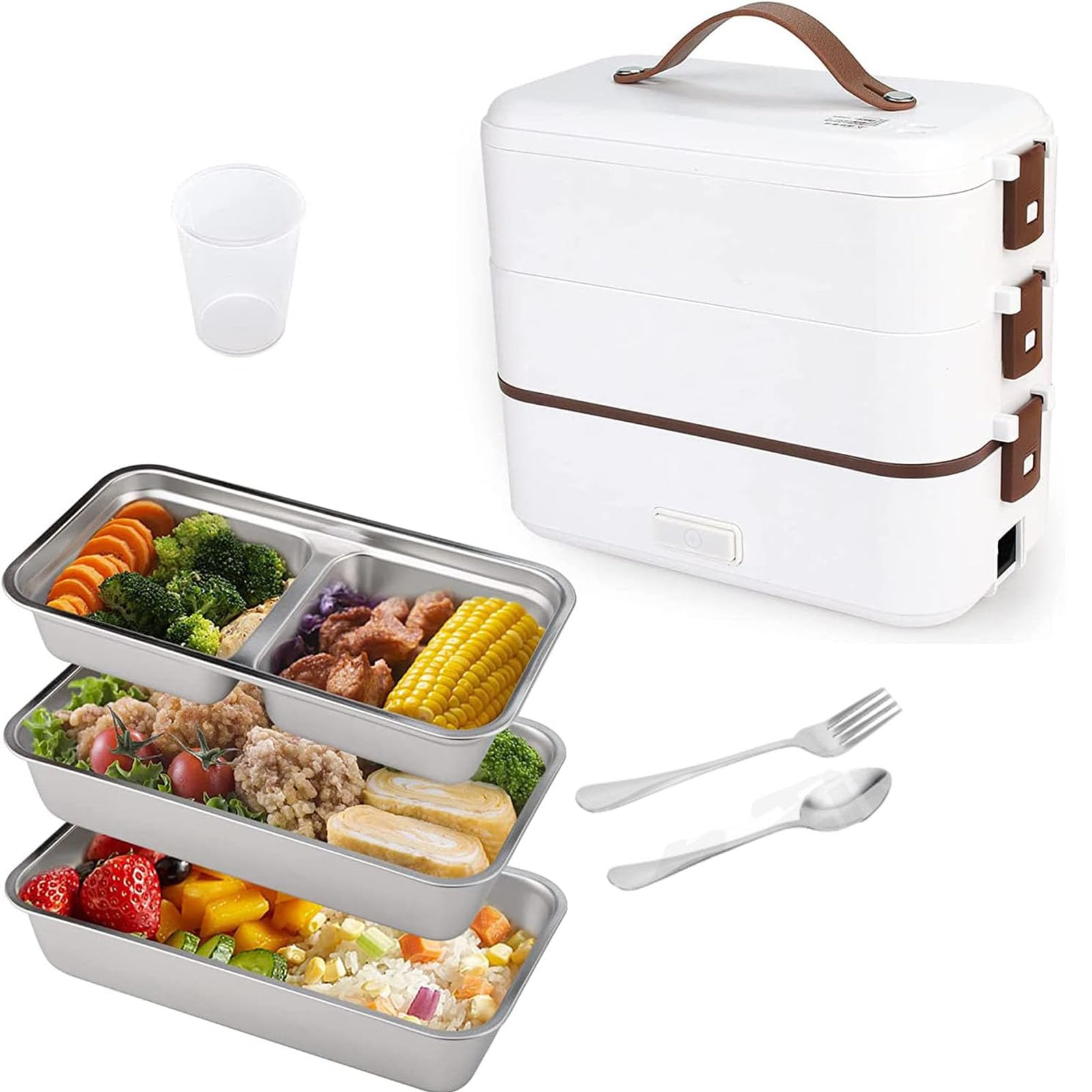 Beauenty Electric Lunch-Bento Box Container -304 Stainless Steel with Removable Compartments Heater For Adult Kids Lunch Warmer in Office/Home/Travel Rice Cooker 220v with Spoon (3 Layers, WHITE)