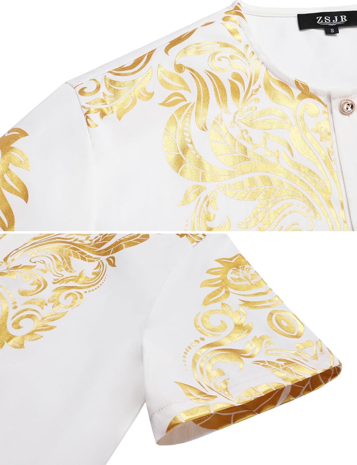 Mens African 2 Piece Set Nigerian Dashiki Metallic Short Sleeve Suit Gold Stamp Printed Shirt and Pants Outfit - Image 7