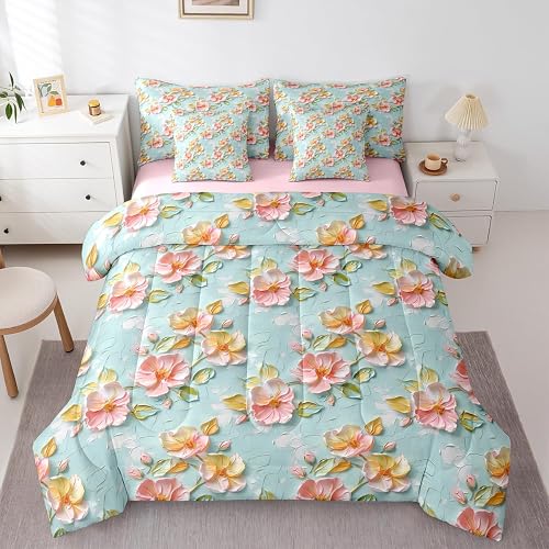 Pink Flower Bed in a Bag King Comforter Sets 7 Pieces, Spring Peach Blossom Wate
