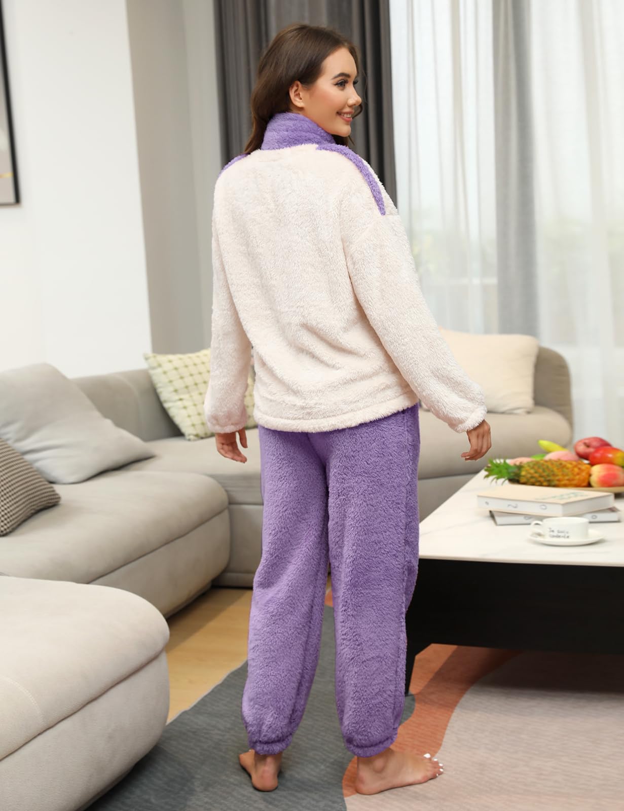 TOMEEK Pigiama da Donna Completo Invernale in Morbido Pile Polare Completo per Il Tempo Libero con Top a Maniche Lunghe Pantaloni e Sciarpa Pigiama Accogliente Pjs da Donna