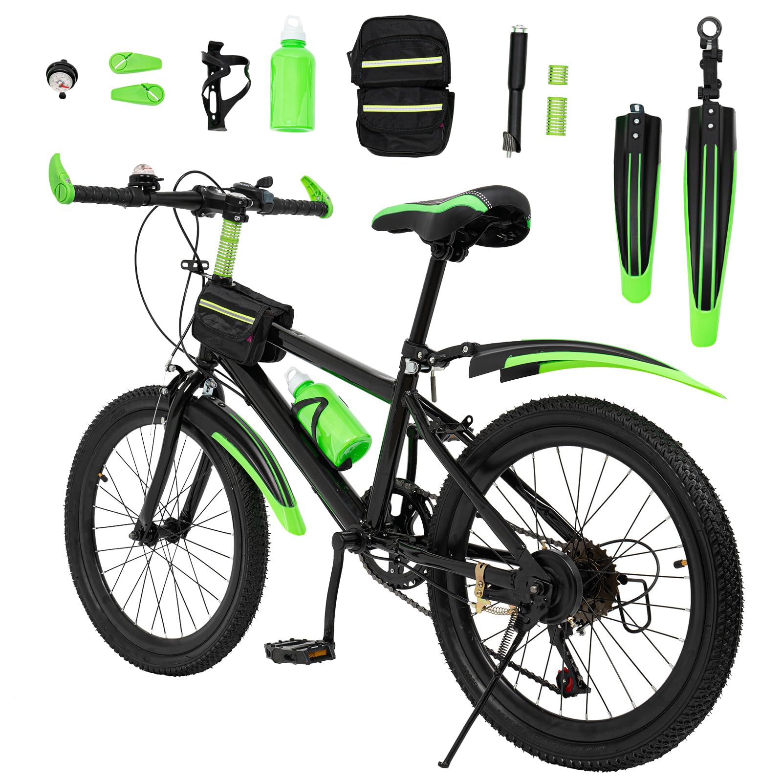 Bicicleta infantil de montaña de 20 pulgadas, 7 velocidades, para niños y niñas, con botella de agua, bolsa de almacenamiento, campana de brújula, bicicleta de acero al carbono, capacidad de