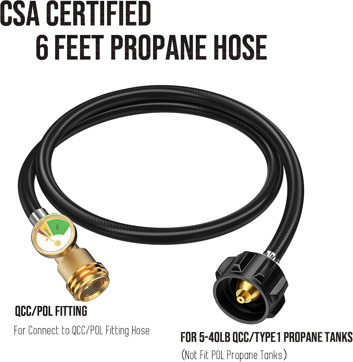 6 Feet Propane Tank Extension Hose with Gauge -Leak Detector Replacement for Gas Grill, Heater and All Other Propane Appliances, Acme to Male QCC/POL Fittings