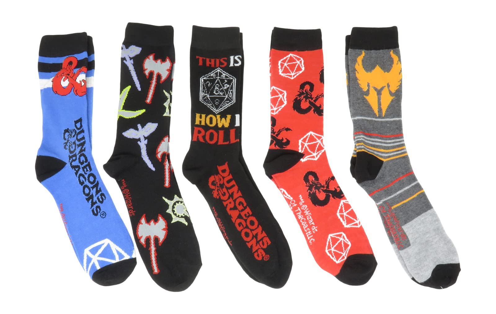 Hyp Dungeons and Dragons Logos D&D Men's Crew Socks 5 Pair Pack, Multi