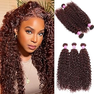 KLAIYI 10A Reddish Brown Curly 3 Bundles Human Hair Weaves 18 18 18Inch, Brazilian 100% Unprocessed Virgin Hair Auburn Brown Copper Red Jerry Curly Remy Human Hair Weave Sew in Extensions 33B Color