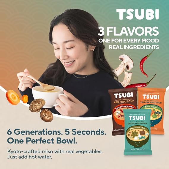 Tsubi Soup Freeze-Dried Japanese Miso Soup Packets - Instant, Vegan, Easy Mix, Gluten & MSG-Free, and Flavorful - Ready in Seconds - Made in Japan - Best Trio Flavor - 12 Packs