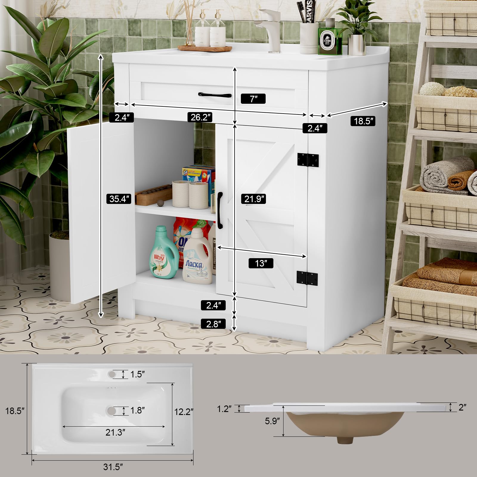 Waschtisch Set mit Unterschrank, Keramik Waschbecken Weiß, 80x47x90 cm