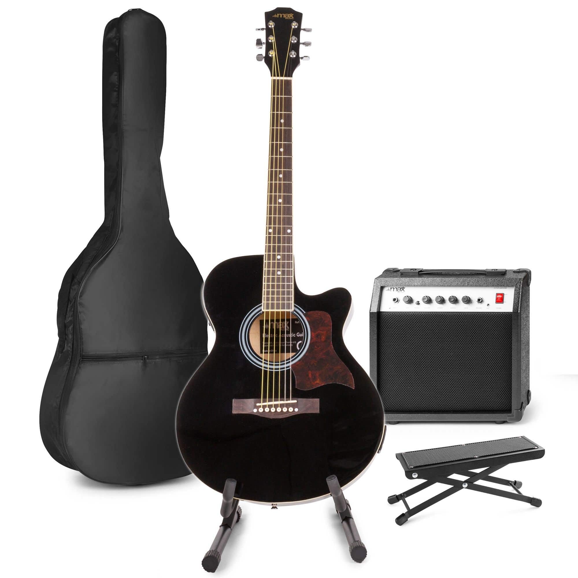MAX ShowKit Guitare Électrique Acoustique avec Support de Guitare et Repose-Pied - Noir, Idéal pour Débuter la Guitare