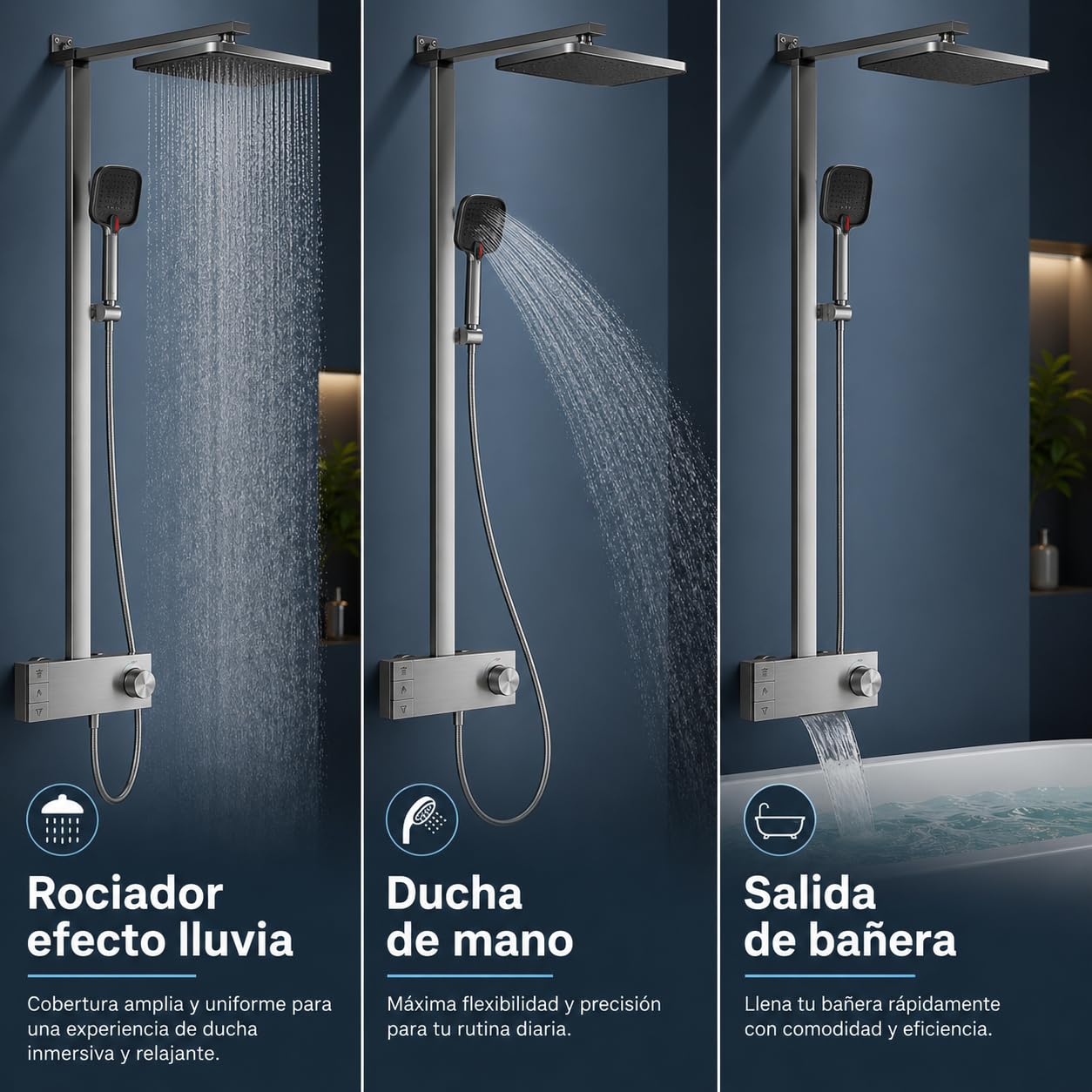 INEX EUROPA Columna de Ducha Negro Gris Titanio Premium Acero Inoxidable 10 Años Garantía - Columna Ducha Cuadrada Efecto Lluvia 3 Modos de Operación - Torre de Ducha 137cm Negro Gris Titanio