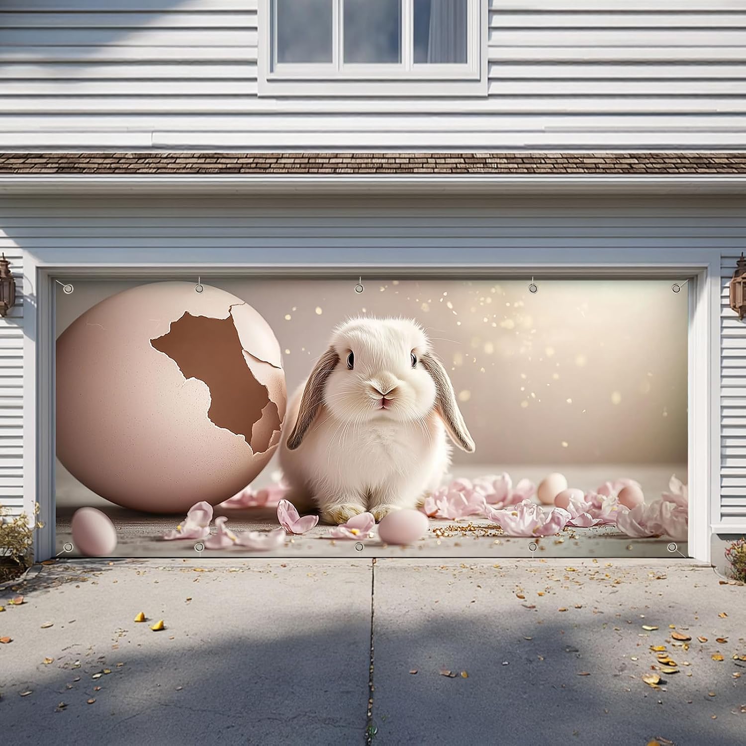 Easter Garage Door Cover 7 x 16 Ft Decoration with Elastic Bands, Easy to Install, Large Easter Banner Background for Outdoor Home Garage Door Party Decor