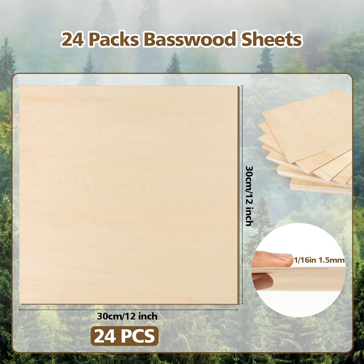 Adrattnay Basswood Sheets 1/16 x 12 x 12 inch - 1.5mm Basswood Sheets Plywood Sheets, 24Pcs Square Unfinished Wood Board for DIY Crafts, Laser Cutting, Wood Burning, Painting, Model Carving