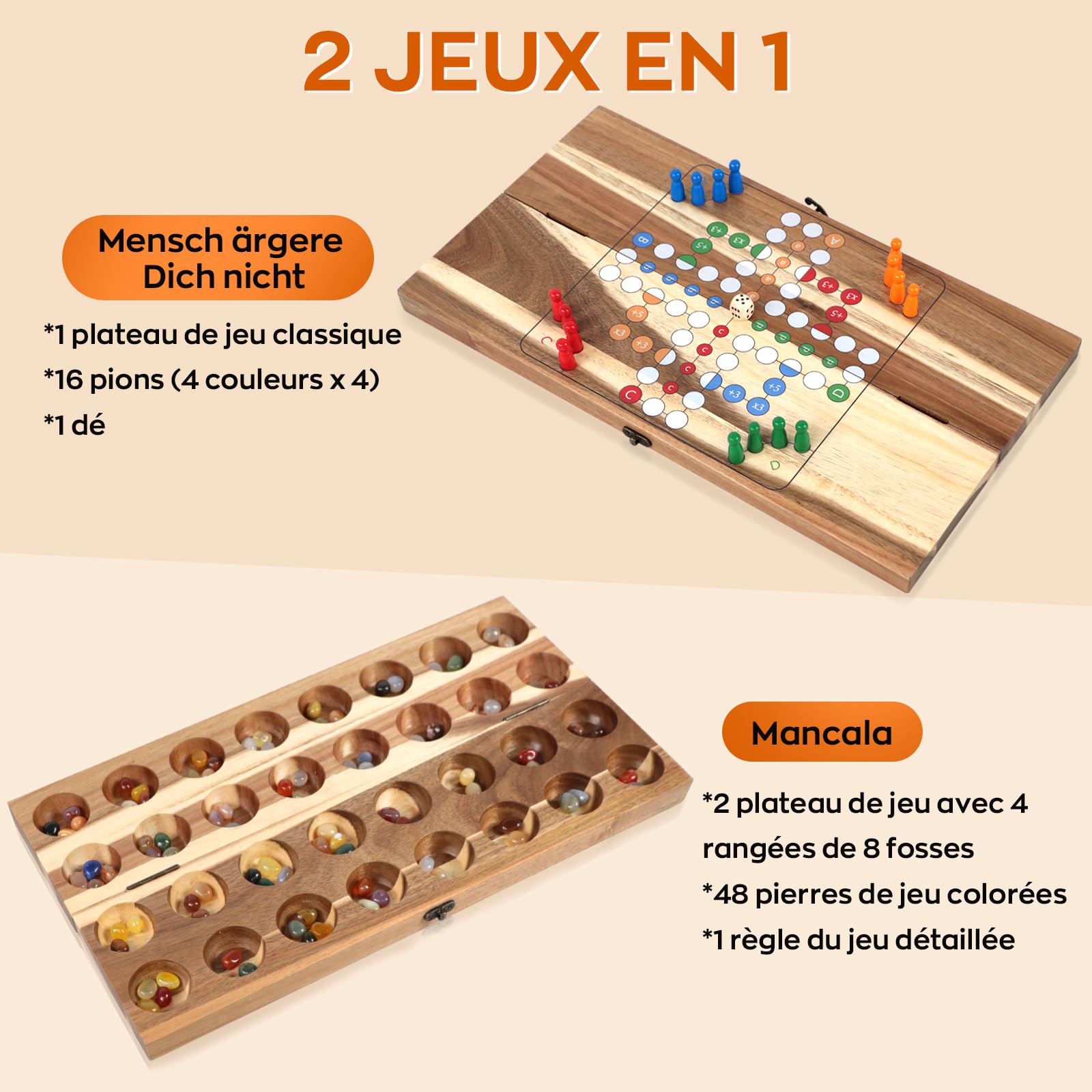BORISI Mancala Kalaha Jeu de Société en Bois avec Pierres