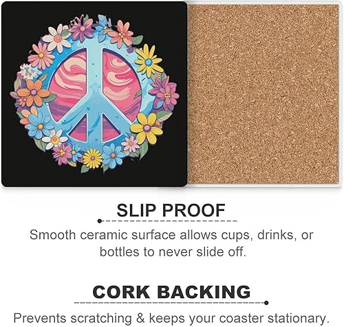 Miniatura 6 de Juego de posavasos con signo de paz para bebidas, tapete cuadrado absorbente de cerámica con base de corcho, 4 unidades