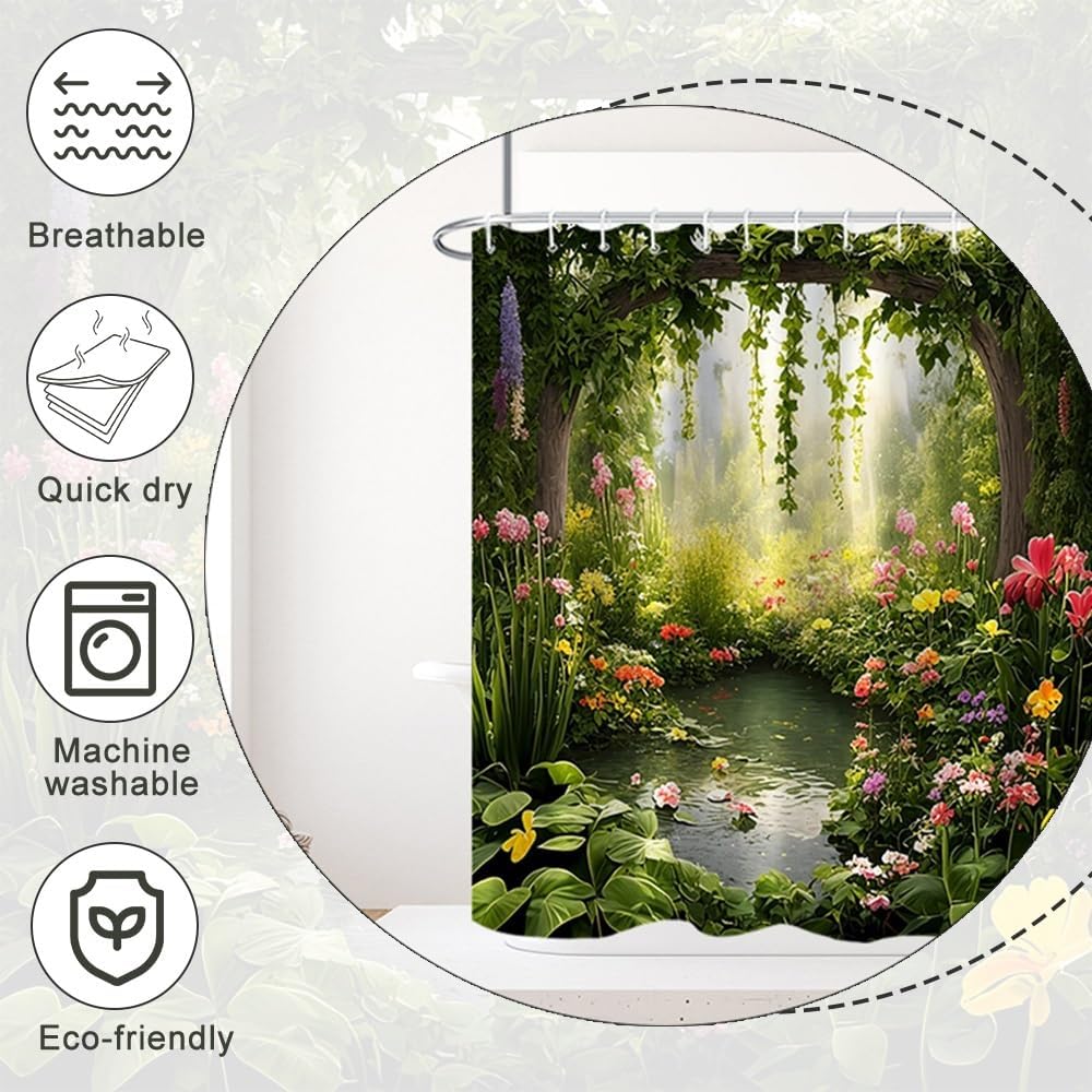 Enchanted Forest Shower Curtain, Nature Green Botanical Shower Curtains with Hooks Spring Floral and Leaves Waterproof Bathroom Decor, 72x78 inch