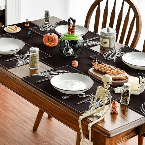 Miniatura 5 de Artoid Mode Juego de 6 manteles individuales espeluznantes de Halloween de esqueleto, 12 x 18 pulgadas, manteles individuales de araña florales de