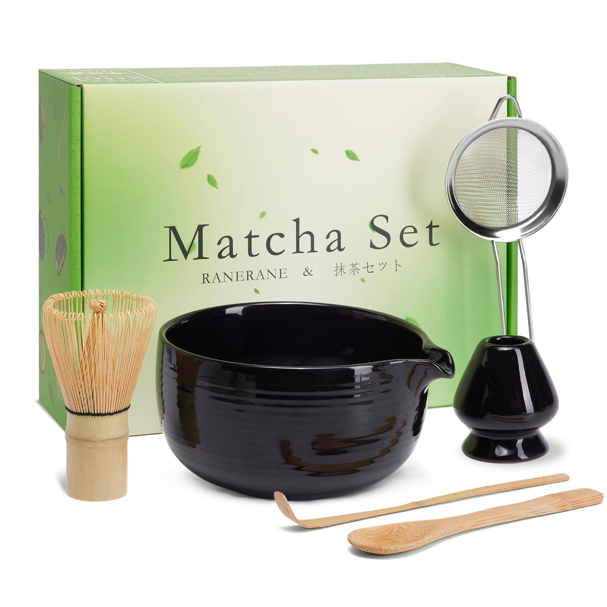 RANERANE Matcha Whisk Set, Cactus Light Green Ceramic Matcha Set Includes Matcha Bowl, Matcha Whisk (Chasen) and Holder, Sifter, Bamboo Scoop & Spoon - 6 Pcs Matcha Kit for Matcha Lovers