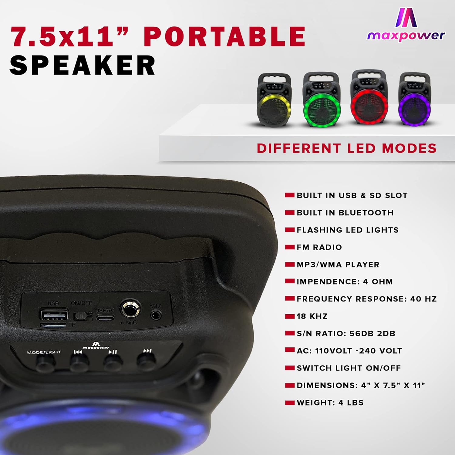 Rear view of Max Power MPD661 Portable Speaker showing USB, SD card, and microphone input ports, along with a list of technical specifications.