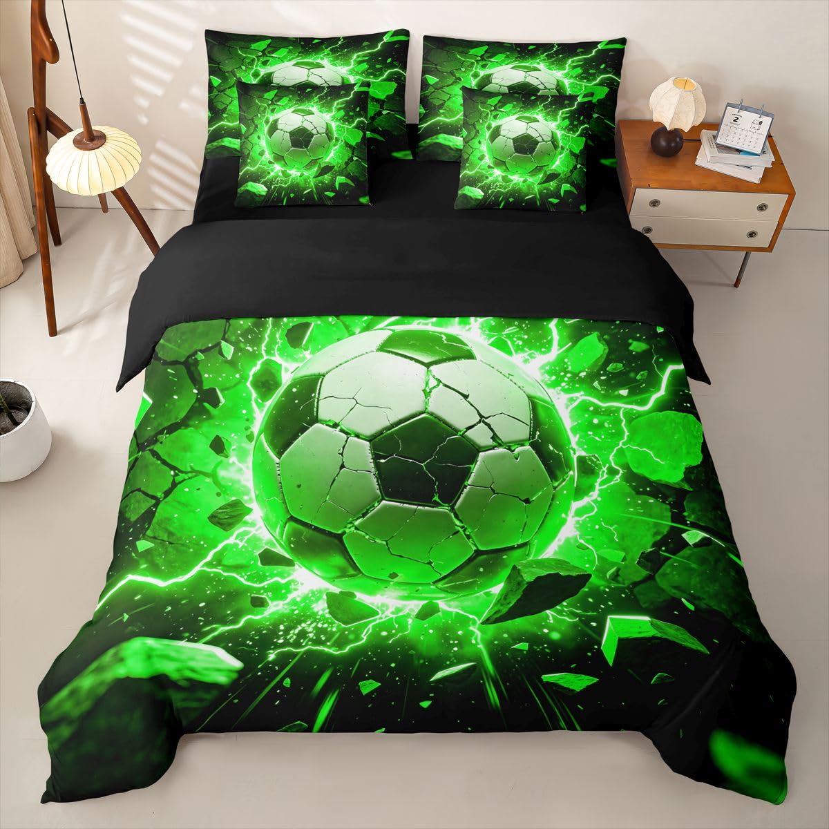 Loussiesd Juego de funda de edredón de fútbol de 7 piezas, tamaño individual, juego de ropa de cama para niños y niñas, juego de cama con funda de edredón, sábanas, fundas de almohada, fundas de cojín