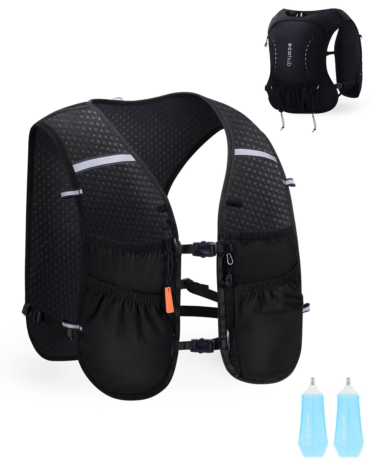 ECOHUB Running Hydration Vest Backpack with 2*500ML Soft Flask, Lightweight Trail Running Pack for Men Women, Adjustable No Bounce Hydration Backpack for Marathon Hiking Cycling (Black)-image-28