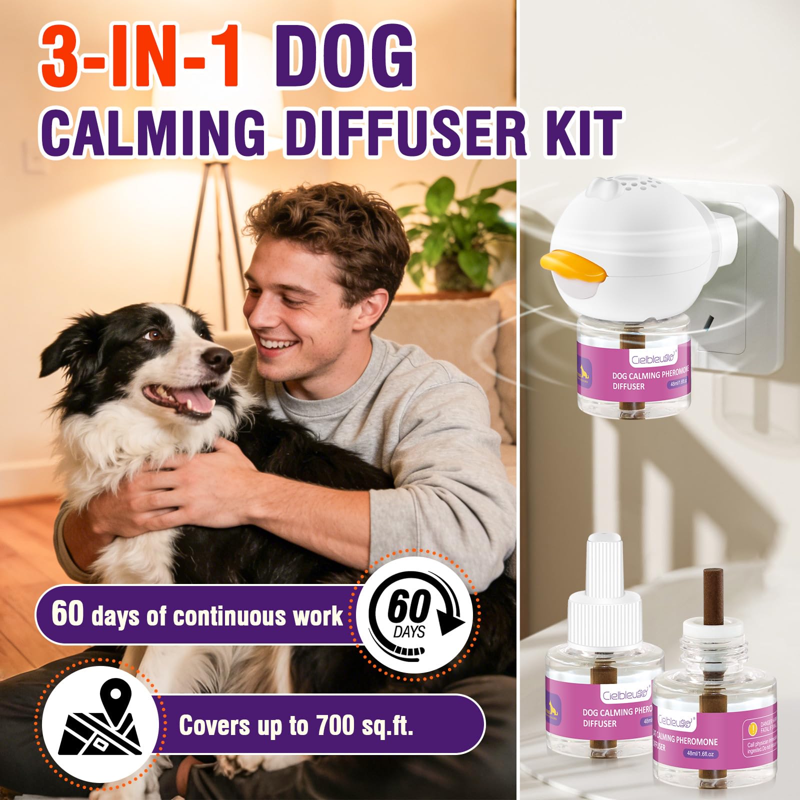 Cielbleu Diffuseur de Phéromones Calmant pour Chien pour Soulager Le Stress, l'anxiété, Les Aboiements et Les Comportements Destructeurs (1 Diffuseur+2 Recharges 48 ML)