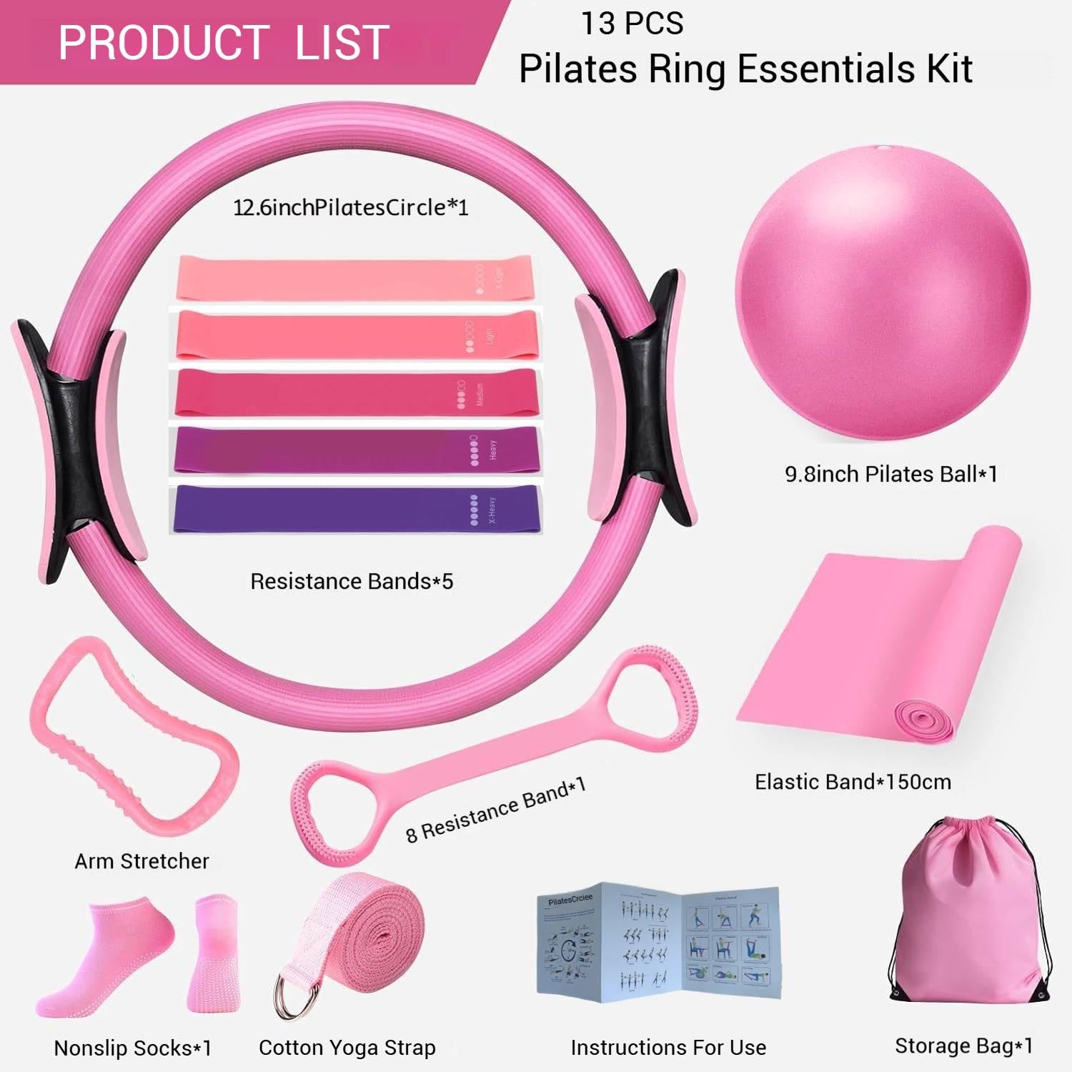 Set di 13 accessori per pilates, per la casa, pilates, pilates, per la casa, pilates, kit essenziale per donne con palla da yoga, anello da yoga, accessori per pilates (rosa)