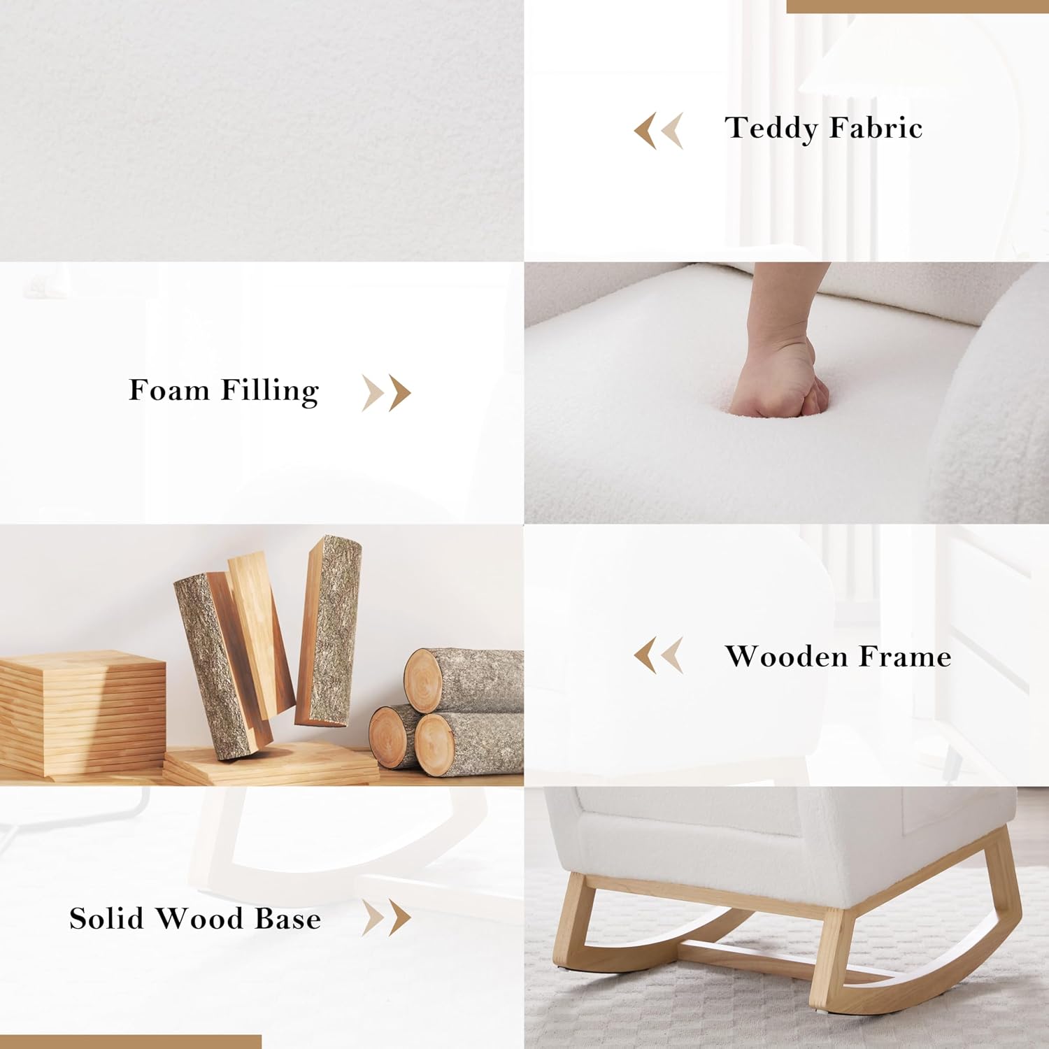 Teddy Fabric Leisure Rocking Chair with Adjustable Footstool, Modern Nursery with Thickened Headrest, High Backrest and Solid Wood Base, White Chair for Bedroom (White + Nature)