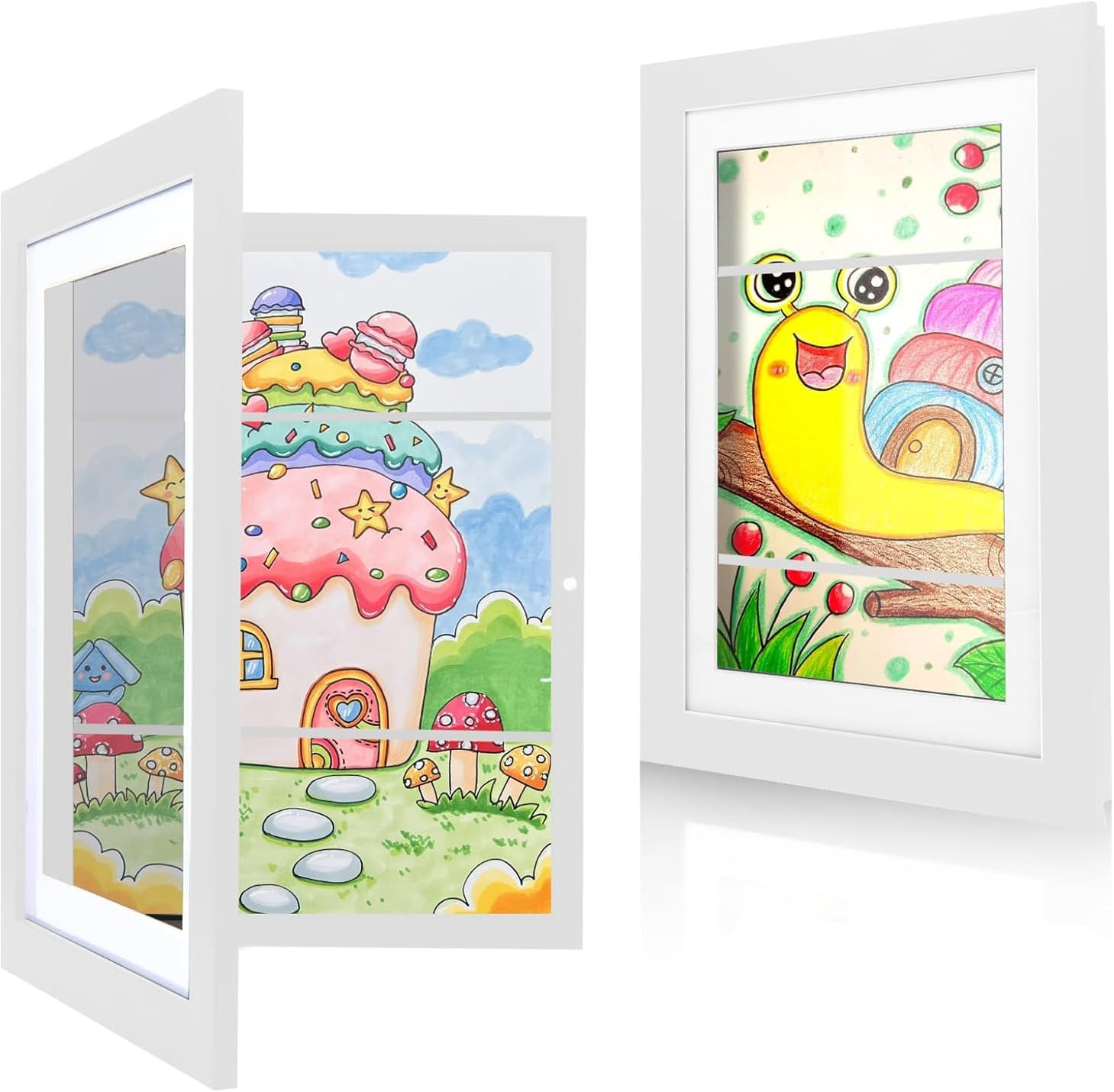 2PCS Kids Art Frame Front A4 Picture Frames Opening Frames Artwork Display Storage for Children Drawing Crafting Schoolwork Art Projects (White)
