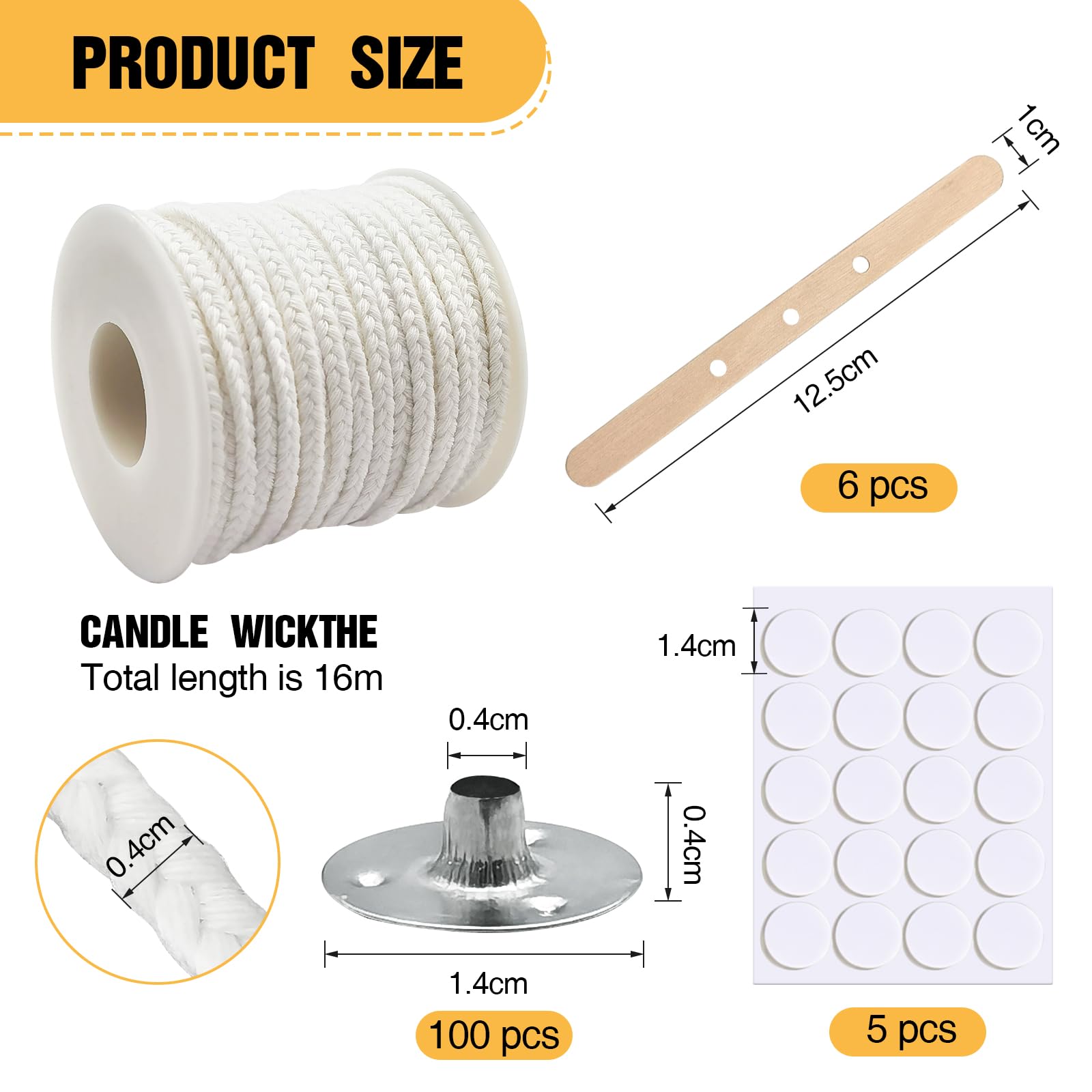 Eurtes 1600 cm Cotton Candle Wicks, 75 Strands, 100 Metal Bases & Stickers, DIY Communion & Scented Candles - Image 2