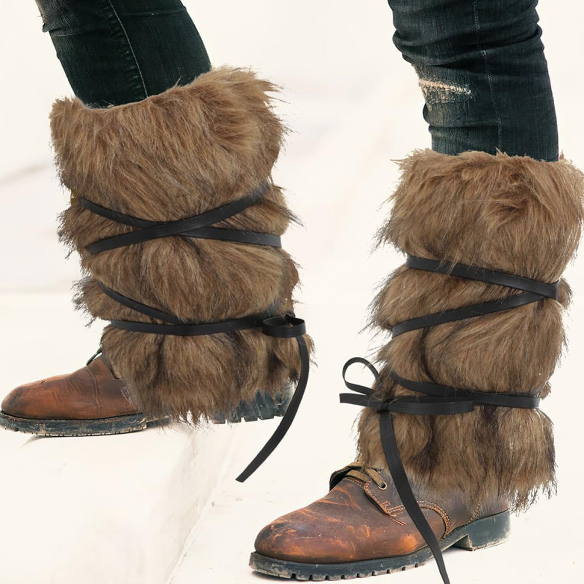Viking Style Brown Faux Fur Leg Warmers 2pcs with Wrap Ties