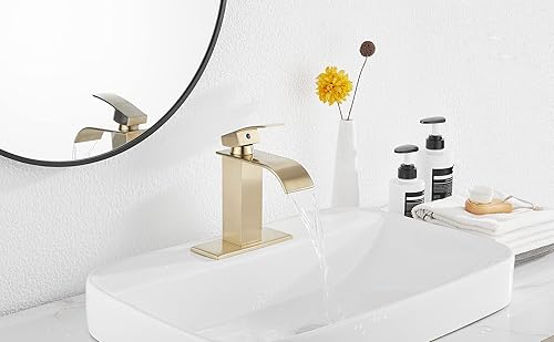 Miniatura 7 de GGStudy - Grifo de baño negro mate, grifo de lavabo de baño con cascada, montaje en cubierta, manija única, 1 agujero, grifo de tocador de baño con
