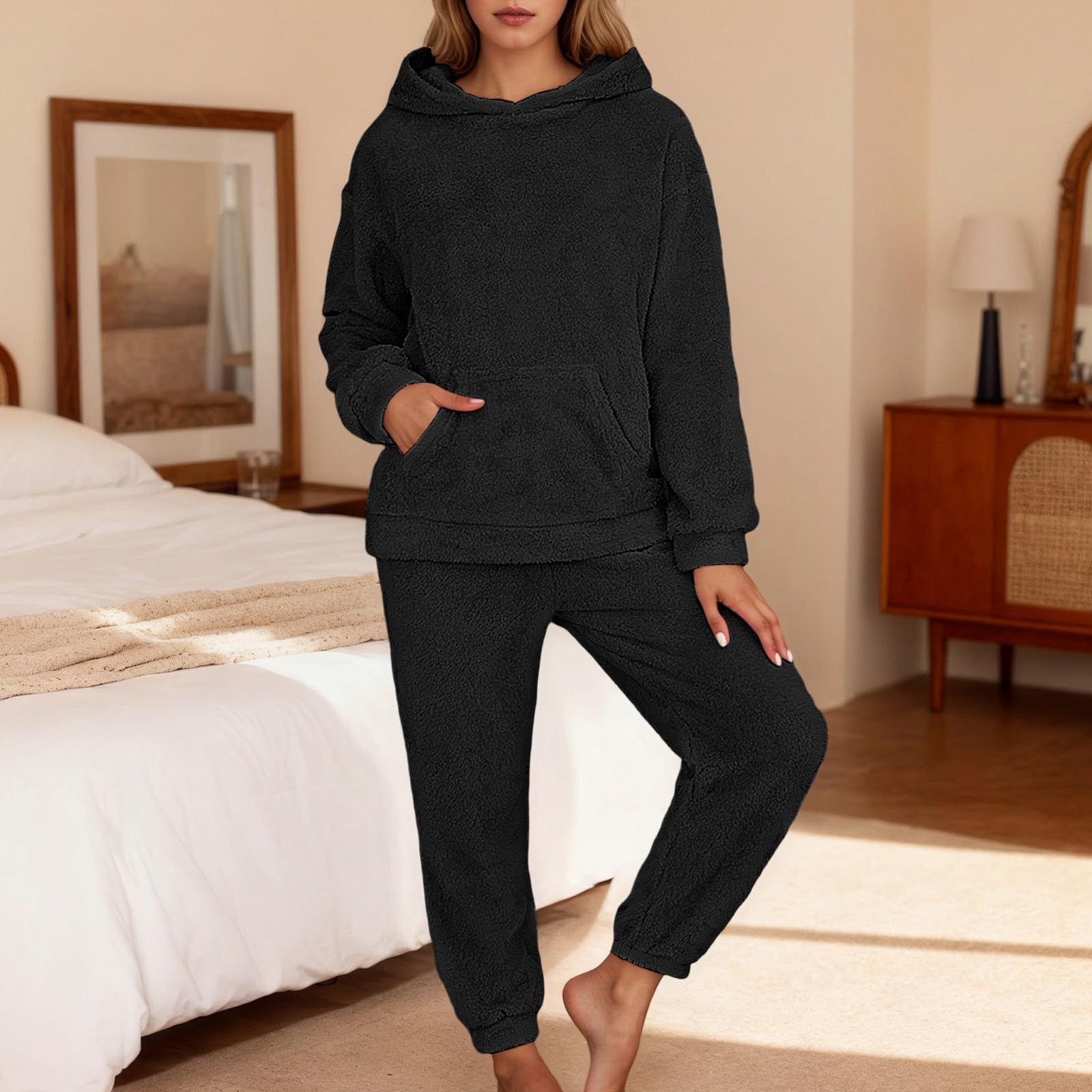 Genérico Pijama Manga Larga Otoño Informal Capucha Bolsillo Estar Casa Mujer Conjunto Cómodo Acogedor