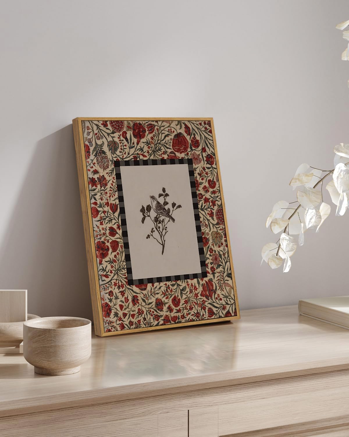 KISSFOX Vintage Framed Wall Art Decor Rustic Flowers Birds Pictures Wall Decor Botanical Floral Canvas Art Prints Red Natural Farmhouse Paintings Artwork For Bedroom Kitchen Living Room