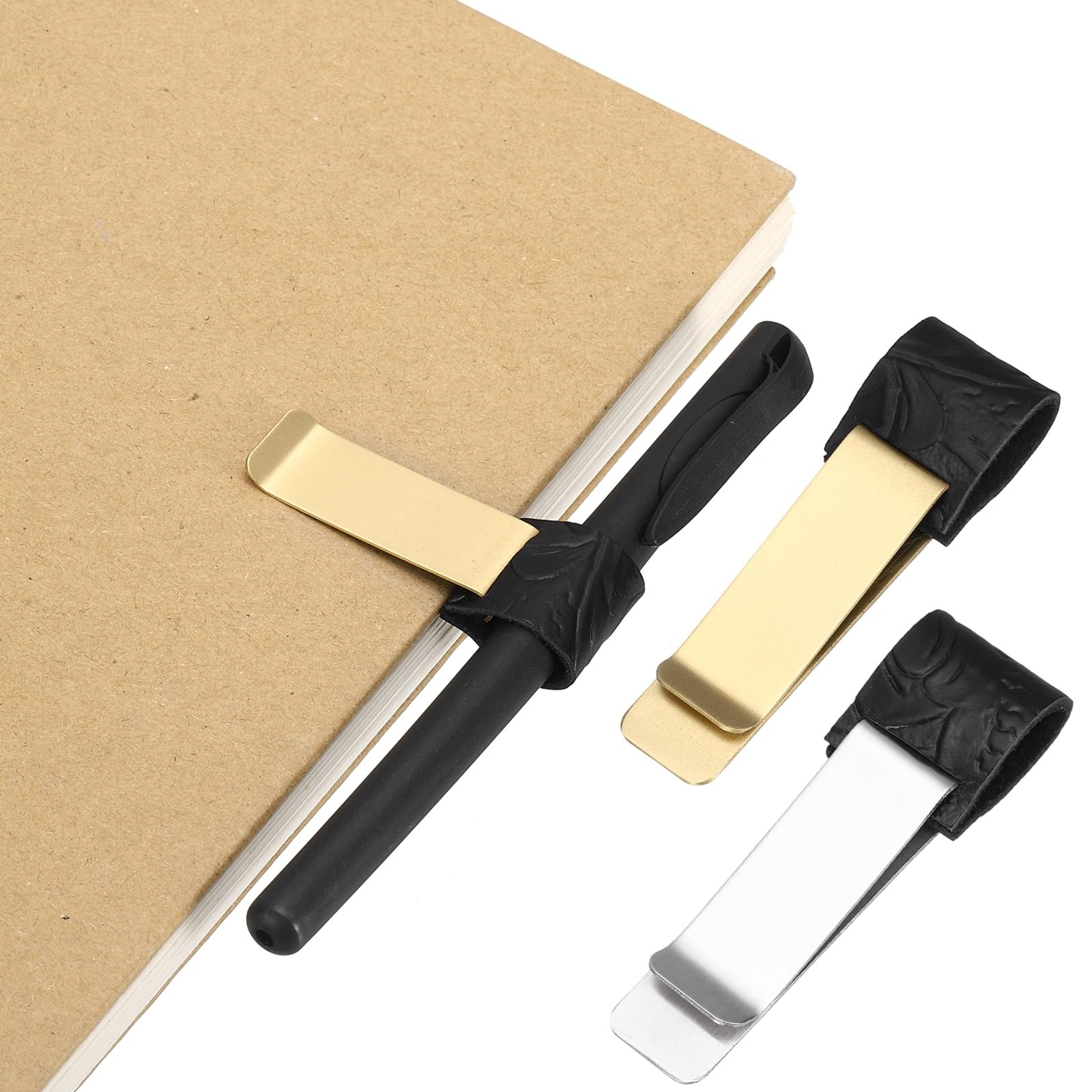 PATIKIL 2Pcs Pen Loop for Notebook, Brass Carved Retro Leather Pencil Holder Pen Clip for Notebook Clipboards Pocket Office Traveler Journals, Black/Brass/Black/Silver
