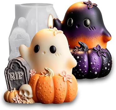 Wehous Halloween Resin Molds, Cute Ghost Pumpkin Candle Soap Mold, Halloween Ornament Silicone Molds for Epoxy Resin Casting Clay, 3D Pendant Keychain Wall Hanging Craft Mold Grave Ghost Pumpkin
