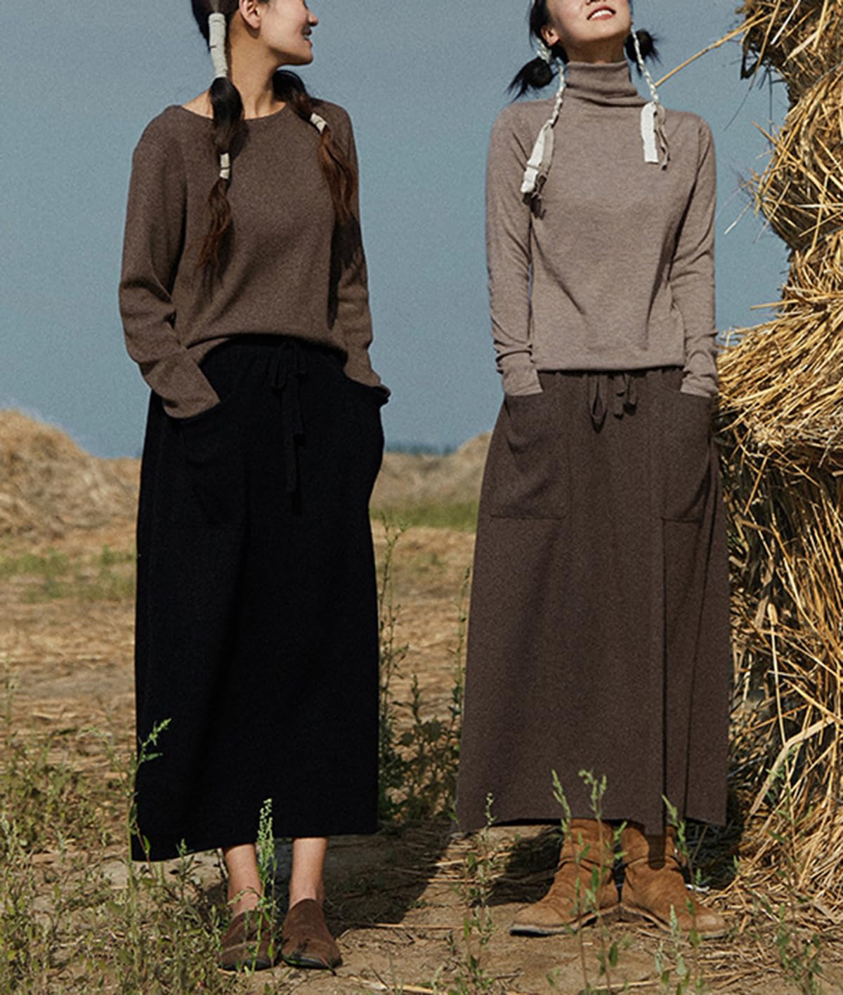 Falda Larga de Lana para Mujer con Bolsillos Cintura Elastica Cálida Falda Midi Plisada Invierno Otoño