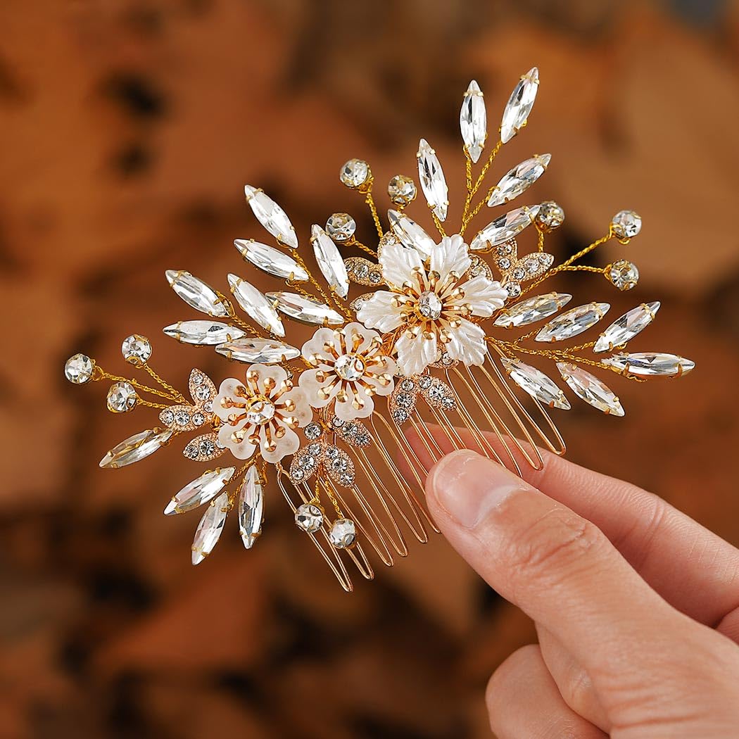 Handcess Peineta de flores para novia con cristales dorados y brillantes, peinetas laterales para bodas, accesorios para el cabello para mujeres y niñas