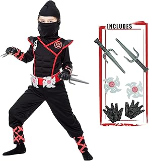 JAZGROM Ninja Costume for Boys Halloween Luxury Costume Red Dragon Ninja Muscle Costume for Kids