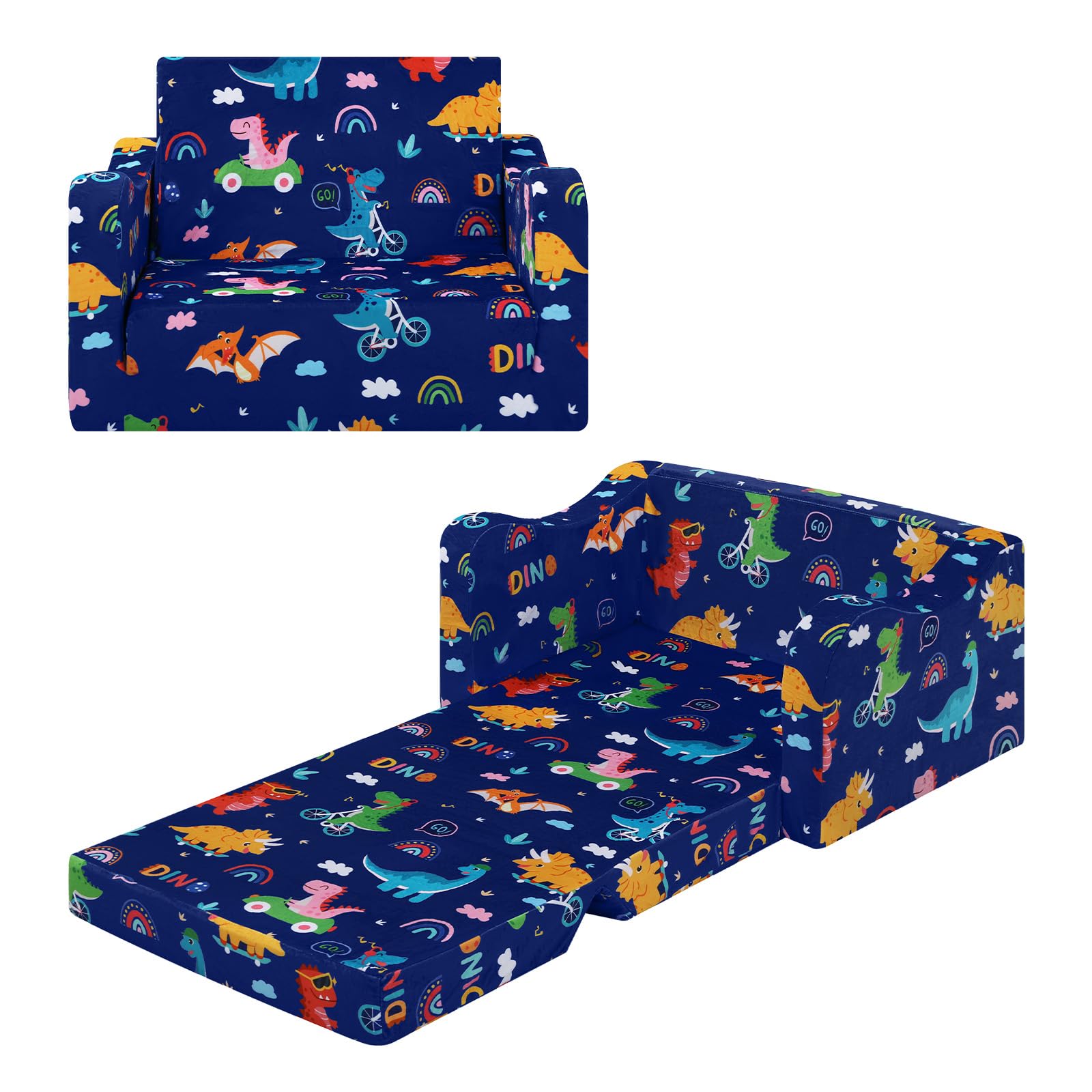alldomess Comfy Kids Sofa Bed, 2-In-1 Foldable Children Chair Bed For Girls Boys, Convertible Sofa To Lounger Single Sofa Bed Chair For Kids Bedroom Playroom,Riding Dinosaurs