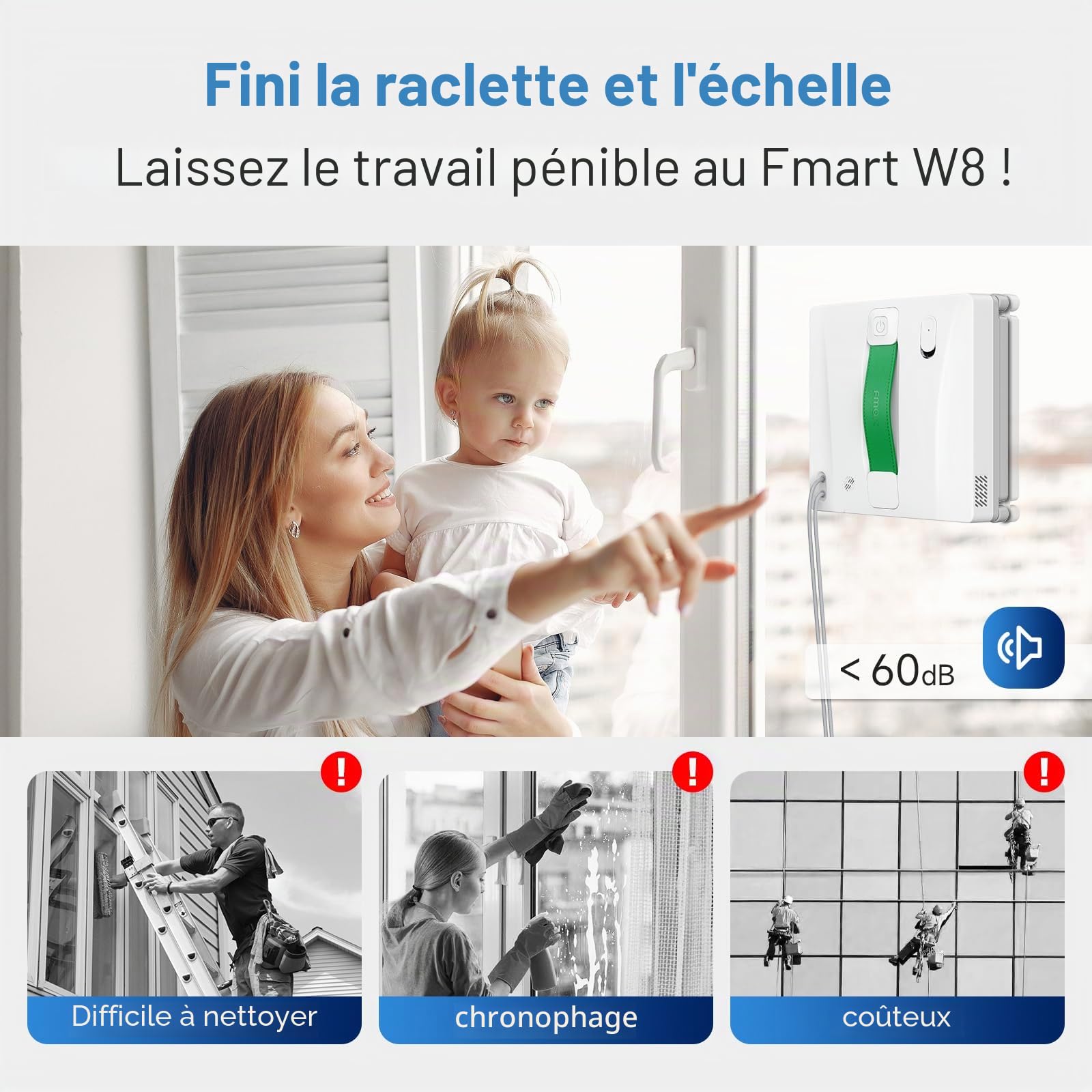 Fmart Robot nettoyeur de fenêtres W8 avec fonction pulvérisation, puissance d'aspiration 8000 Pa et technologie de détection des bords, robot de nettoyage automatique pour vitres avec 4 modes de