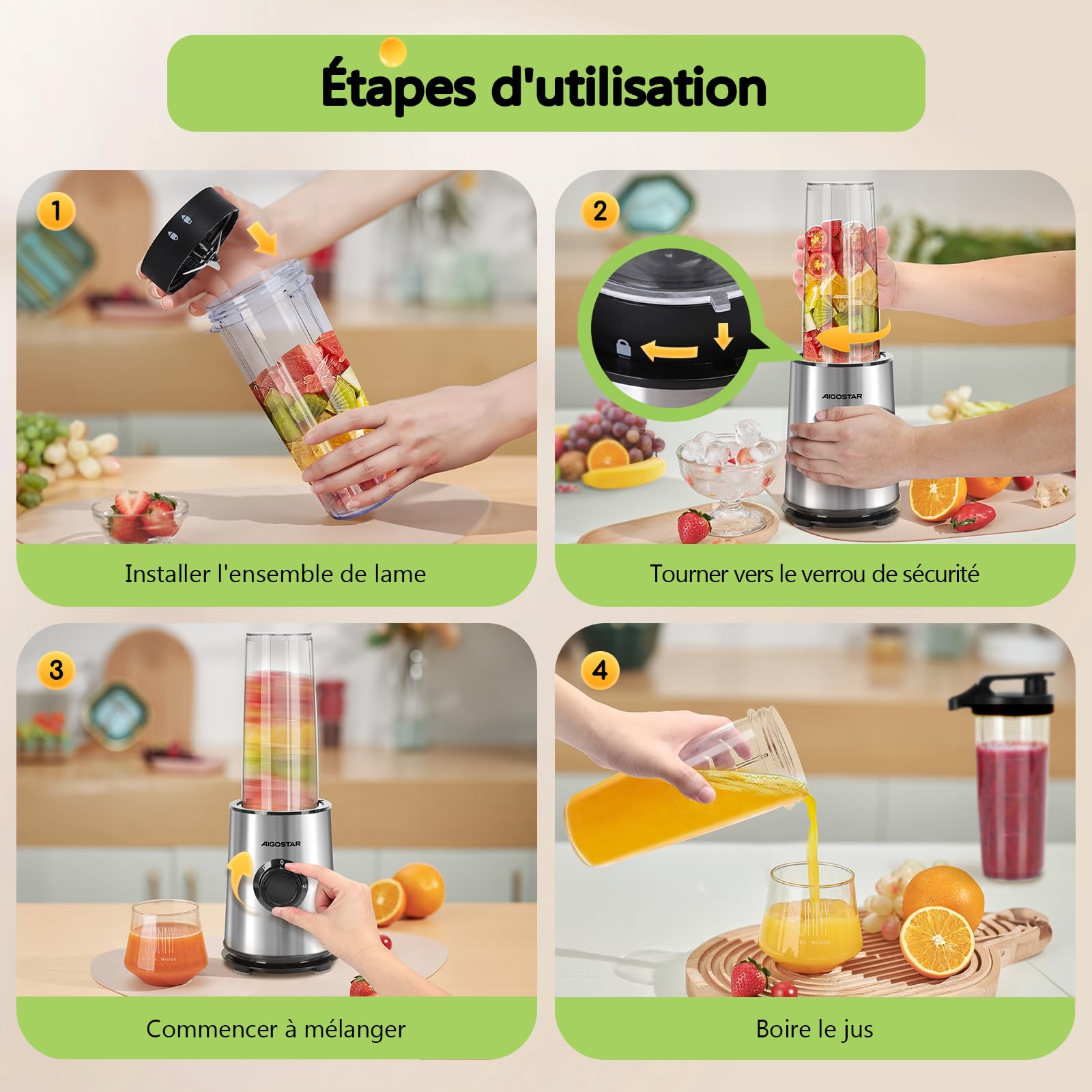 Aigostar Blender Portable, Mixeur Blender avec 2 Bouteilles Portables de 800ml, pour Smoothie Milk-shake Fruits, Puissant 600W. Sans BPA. avec Couvercle pour Maison, Camping et Voyage.