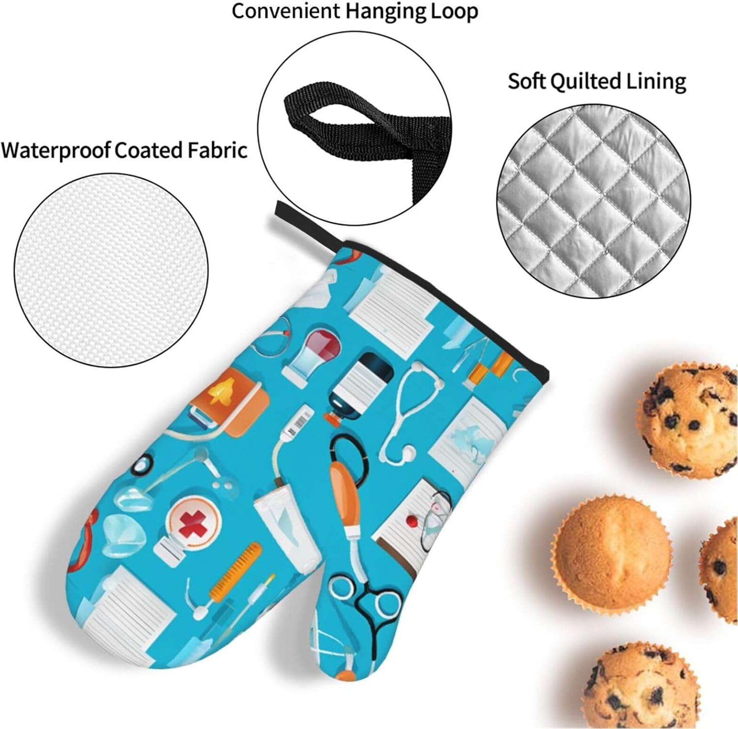 (Cartoon Medicine Pattern) Baking 4-Piece Set: 2 Oven Mitts and 2 Pot Holders Heat Resistant Waterproof Hanging Loop for Kitchen Oven Grill Housewarming Gifts