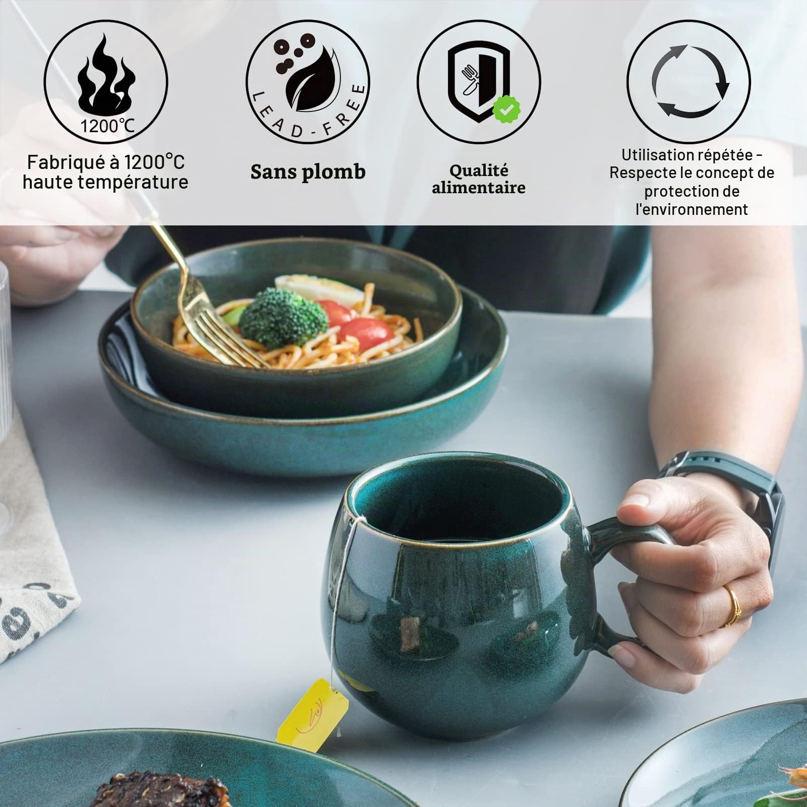 UNICASA Tasses à café en porcelaine, Set de 4 tasses avec anse de 530 ml chacune, Vaisselle Tasse Tasse pour thé café lait cappuccino, Vert