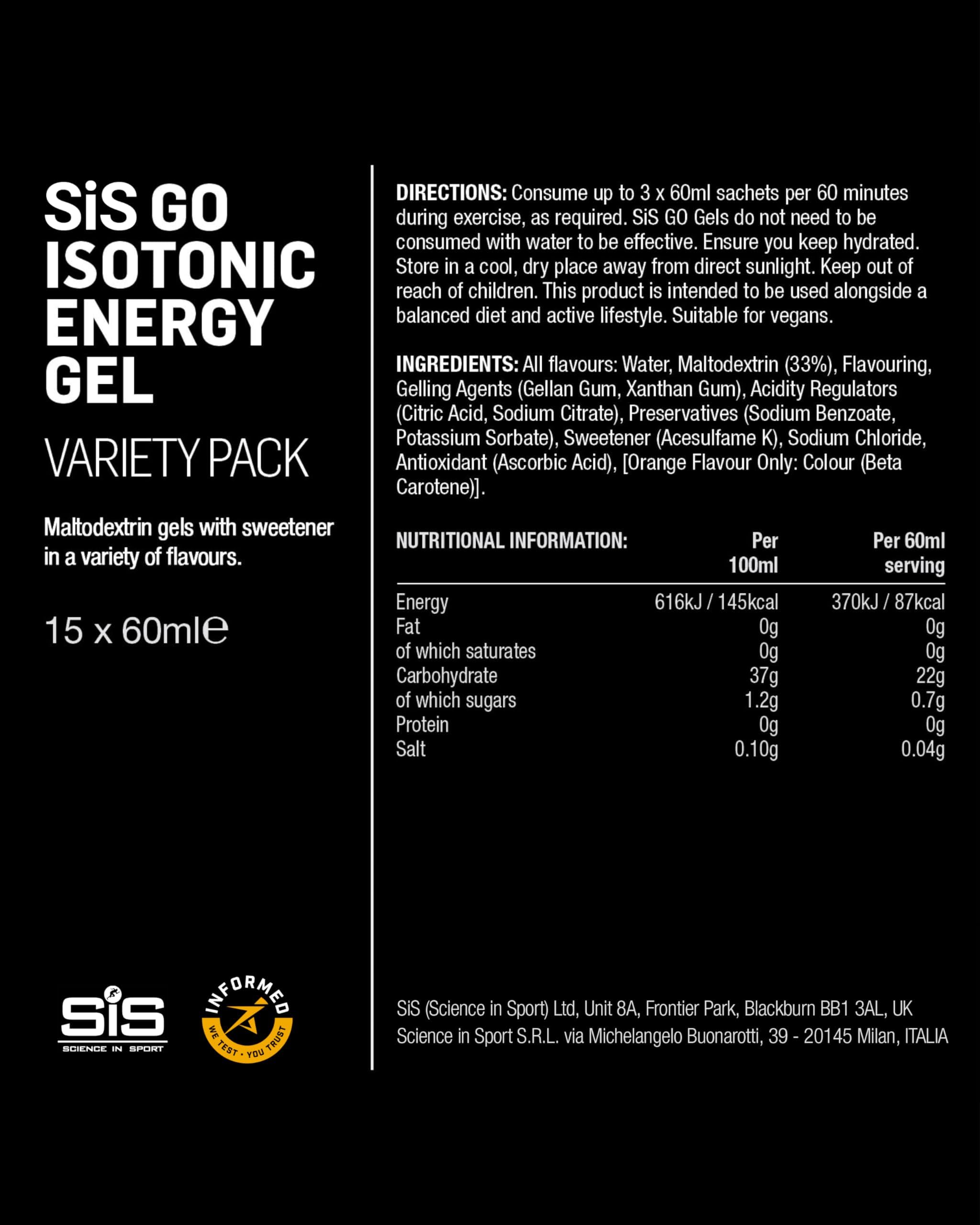 Science in Sport GO High Carb Isotonic Energy Gel 15 x 60ml Vegan - Formuła izotonijna z 22g węglowodanów, Dobre źródło energii, Optymalna alternatywa dla napojów izotonicznych