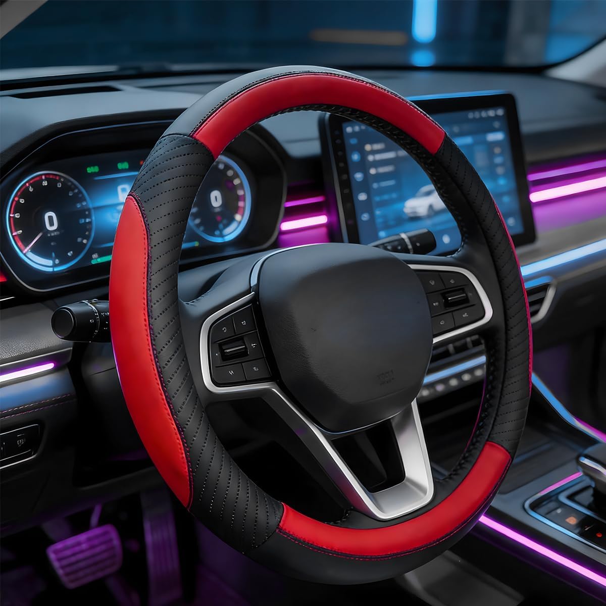  Car Steering Wheel Cover, 15 Inch Full Surround Vehicle Steering Wheel Guard with Anti-Slip Lining, Auto Interior Protective Accessories, Universal for SUV Automobile Truck (Black Red) thumbnail