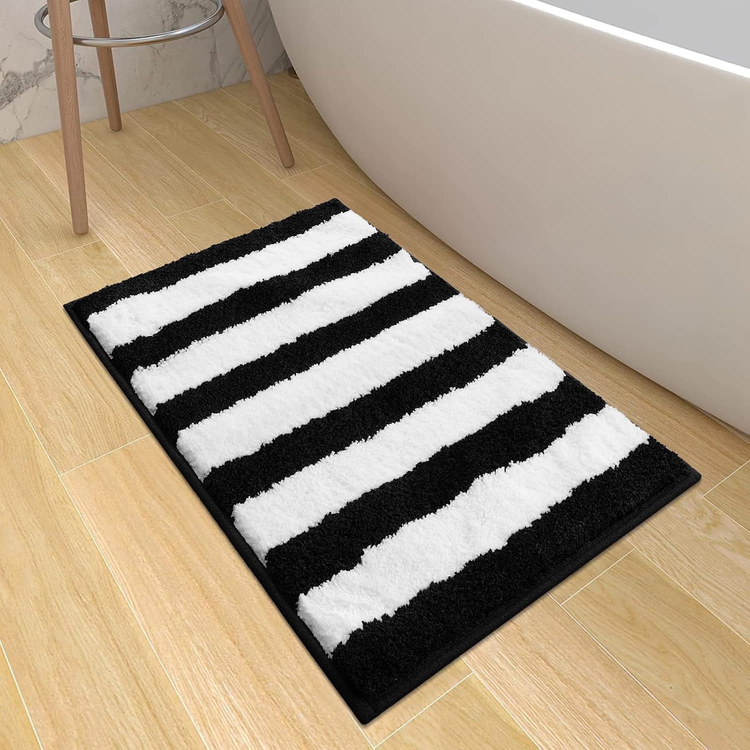 Sivilife Black and White Striped Bath Mat, Plush Water