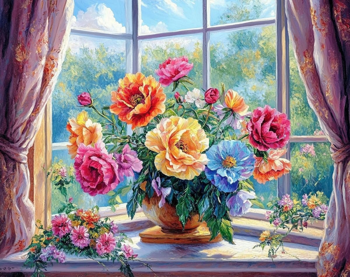 LFYNIORS DIY Perlenstickerei Set Bunte Blumen Auf Der Fensterbank Nadelstich-Set Mit Perlen Und Kreuzstich-Set Mit Buntem Stickgarn Und Perlen 40x50cm